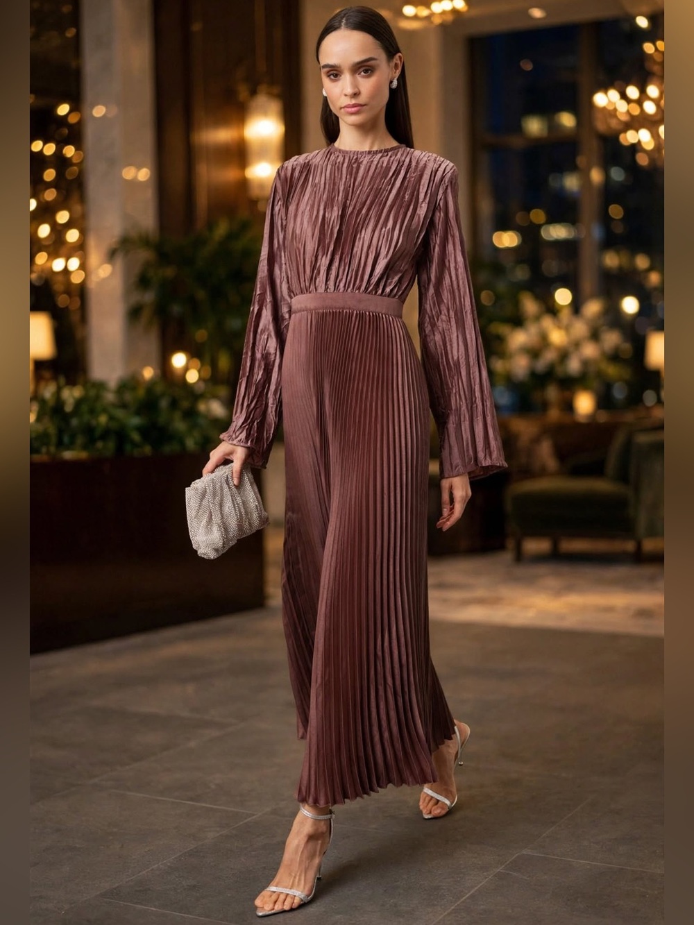 L'IDÉE Royale Gown Elegant Mauve Pleated Maxi Dress SZ US 4